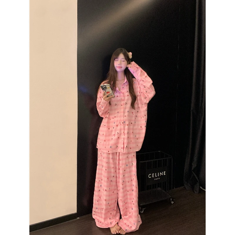 甜美少女彩色条纹长袖睡衣女早秋穿搭洋气居家服睡衣休闲两件套女