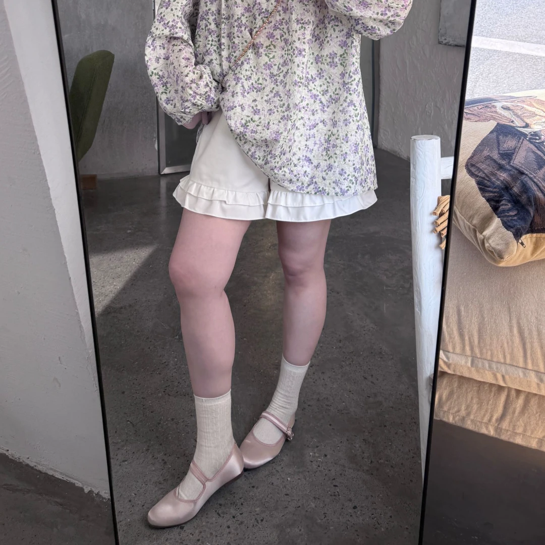 晶咕【简单夏日】宽松韩版休闲时尚全腰松紧荷叶边短裤