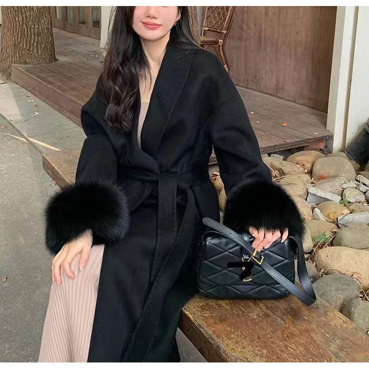 贵气双面呢大衣女秋冬可拆卸仿狐狸毛系带双面绒毛呢外套高级感