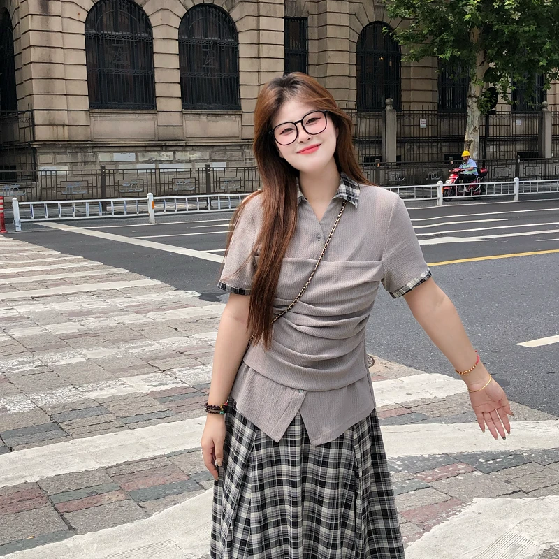 盈盈&南岛风大码女装拼接格子短袖上衣女夏季格子半裙套装ZYY2021