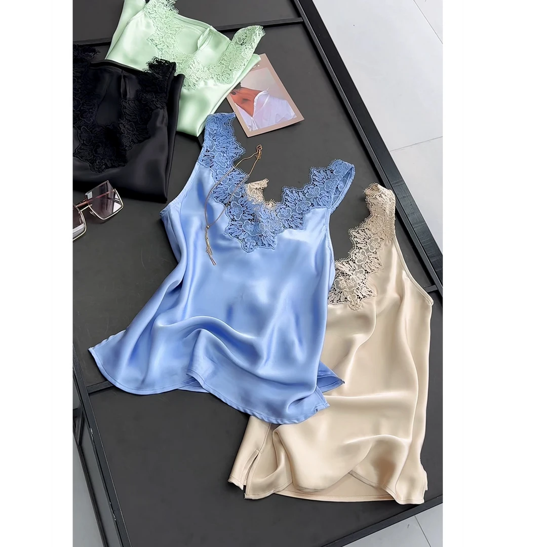 随性自在睫毛蕾丝重磅缎面背心吊带内搭上衣女纯色夏季清爽凉快