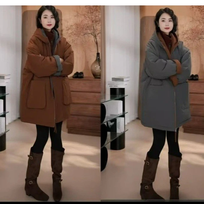 冬季正反两穿连帽棉衣加厚显瘦减龄宽松百搭中长款女士外套保暖