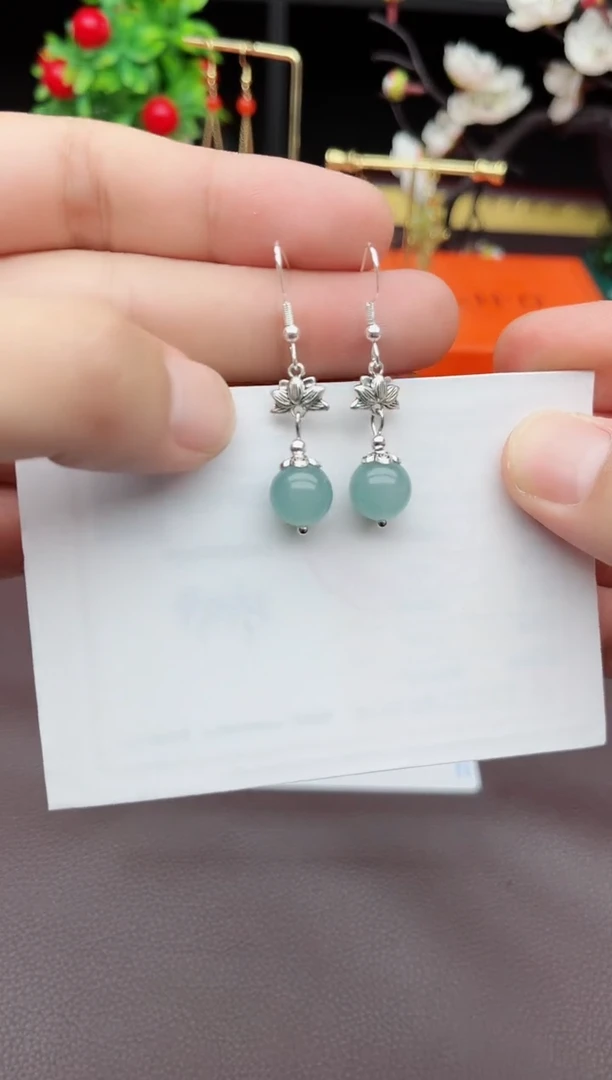 石英质玉（天山翠）银S925镶嵌耳饰237000