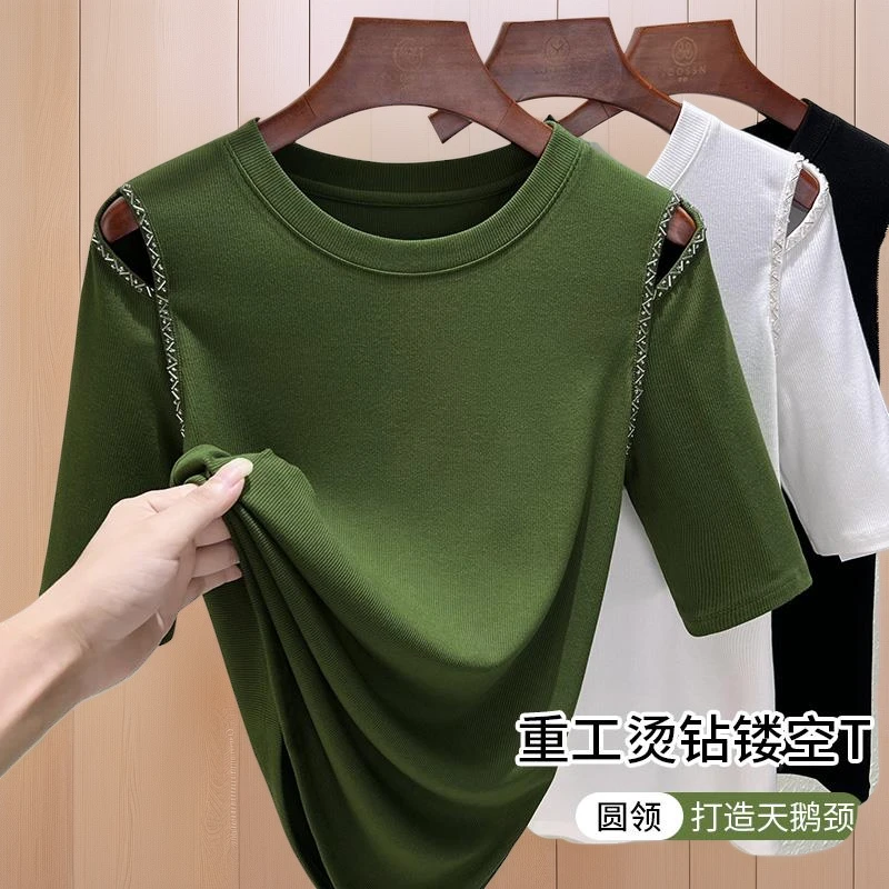 夏季小香风露肩中袖正肩t恤女2025新款设计感秋装五分袖上衣体恤