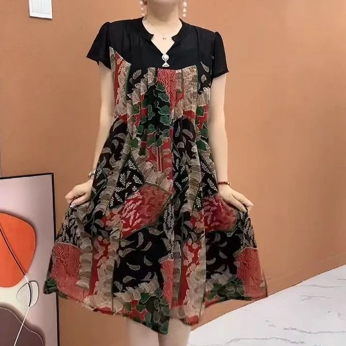 夏季时尚减龄宽松韩版高贵拼接印花连衣裙中长款减龄妈妈百搭裙子