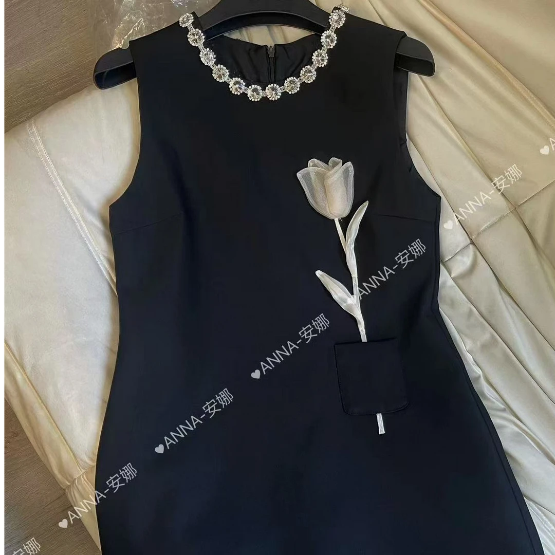 A字袖春季千金风短裙无袖连衣裙气质休闲女装网红拼接ins黑色