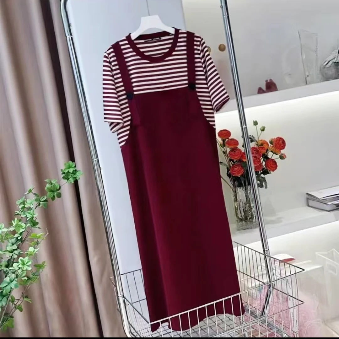 8098-背带裙款假两件（酒红）条纹中长雪纺裙