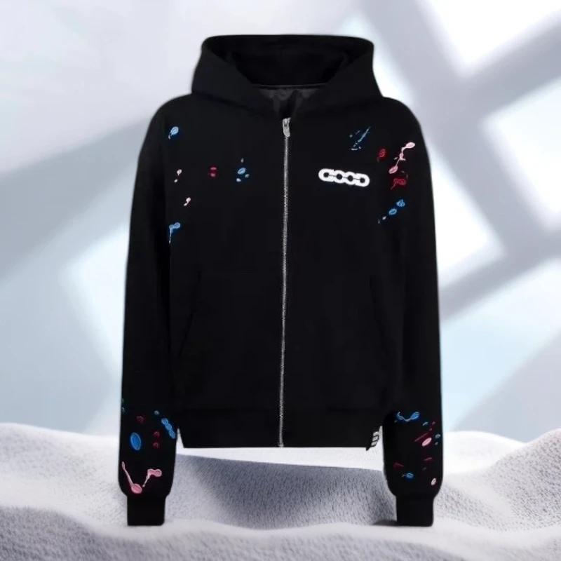 宾斯洛特糖果刺绣字母拉链开衫外套男潮牌宽松慵懒风情侣连帽卫衣