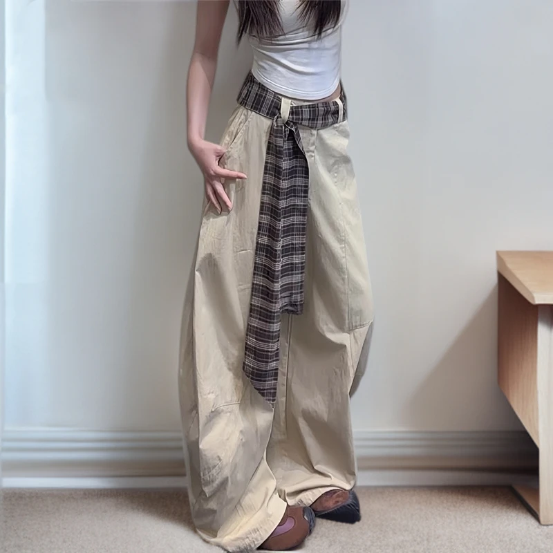 夏季新款男女美式复古百搭潮流设计感拼接格子宽松阔腿弯刀拖地裤
