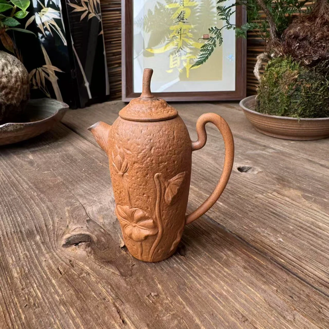 复古中式粗陶半手工雕刻原矿老岩泥浮雕莲蓬荷花壶小容量袖珍茶壶