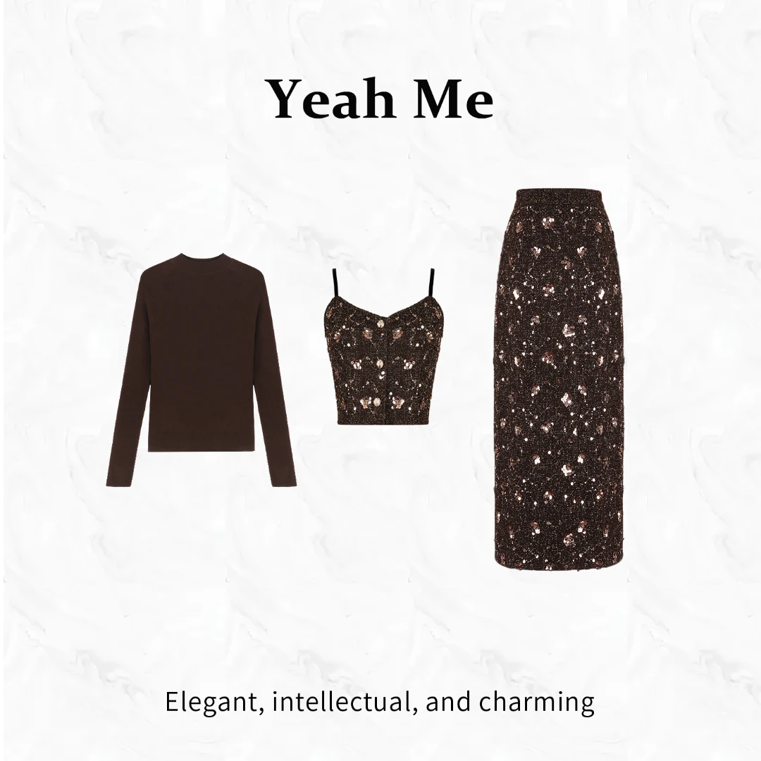 Yeah Me/也觅【苏雨花碎】秋季新款法式古典设计百搭亮片半身裙套装