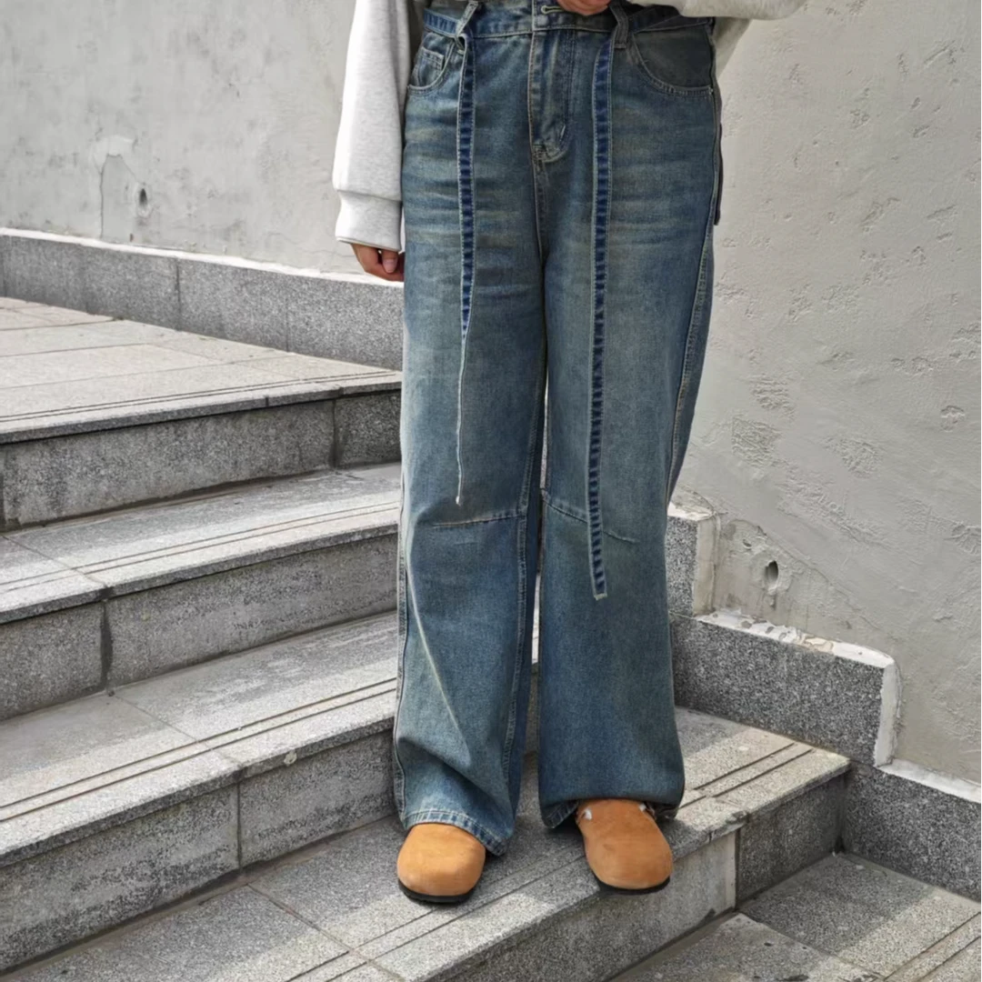 LOV3春季新款复古阔腿牛仔裤女2025抽绳高腰宽松大码女装显示遮肉