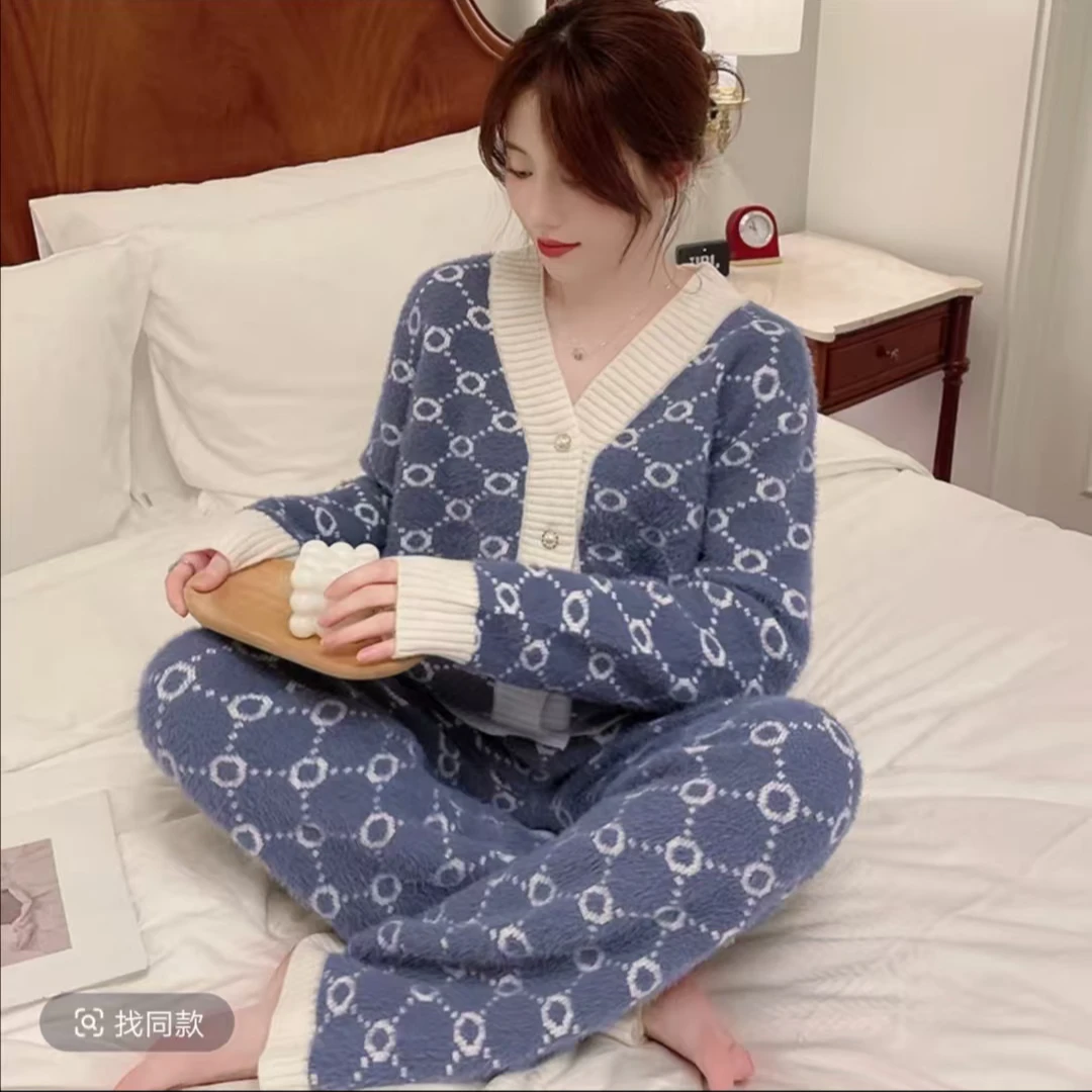 上海故事冬季家居服套装女保暖加厚半边绒睡衣V领开衫