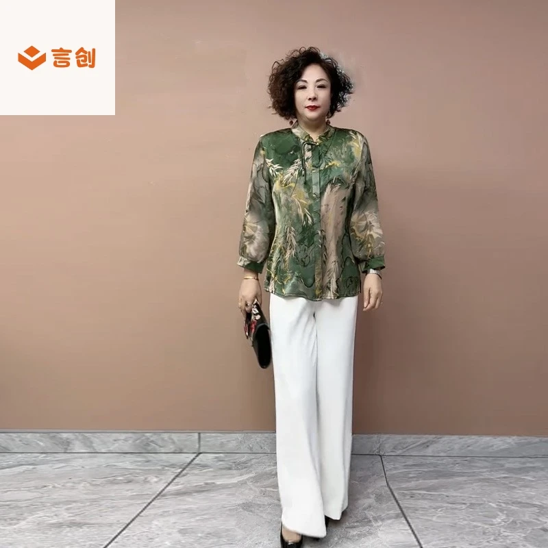 309春夏新款高端气质时尚真丝印花衬衫宽松显瘦八分袖上衣国风女
