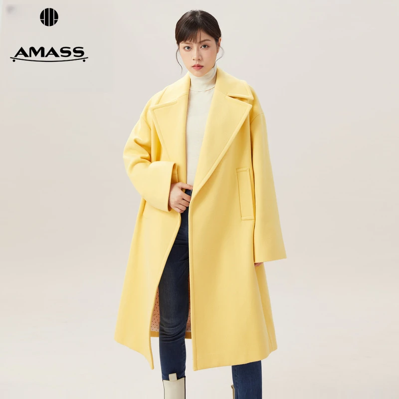 阿玛施AMASS新款百搭气质简约翻领宽松羊毛大衣长款外套5400541-3