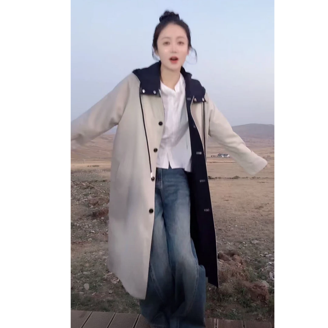 假两件连帽少女风秋季英伦风气质时尚中长款风衣外套女-337PP