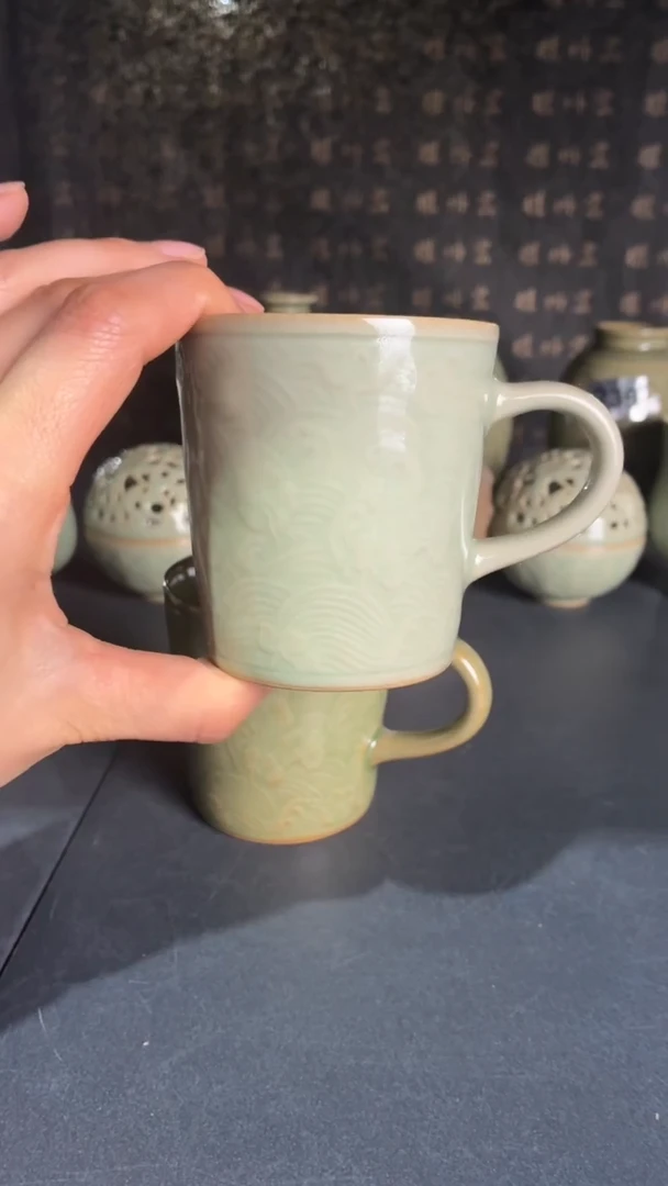 耀州窑仰山天青落花流水咖啡杯微瑕无盖