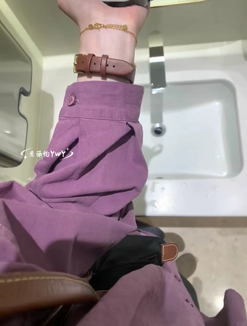 美式复古纯棉紫色衬衫薄外套女2025春夏内搭衬衫叠穿衬衣防晒上衣