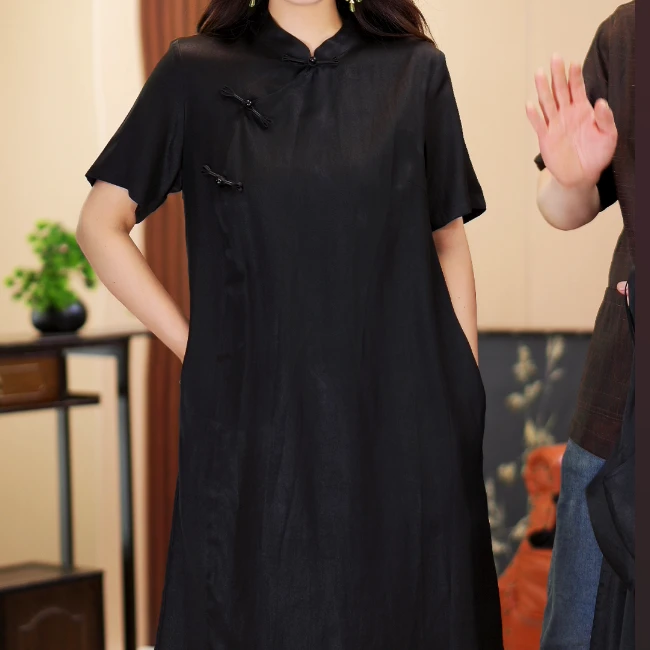 夏季新款桑蚕丝香云纱原色小重缎连衣裙M017