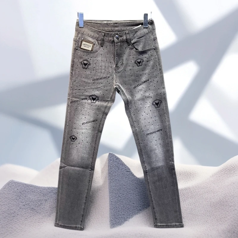 宾斯洛特灰色牛仔裤男士百搭修身长裤男新款潮牌烫钻小脚裤男裤子