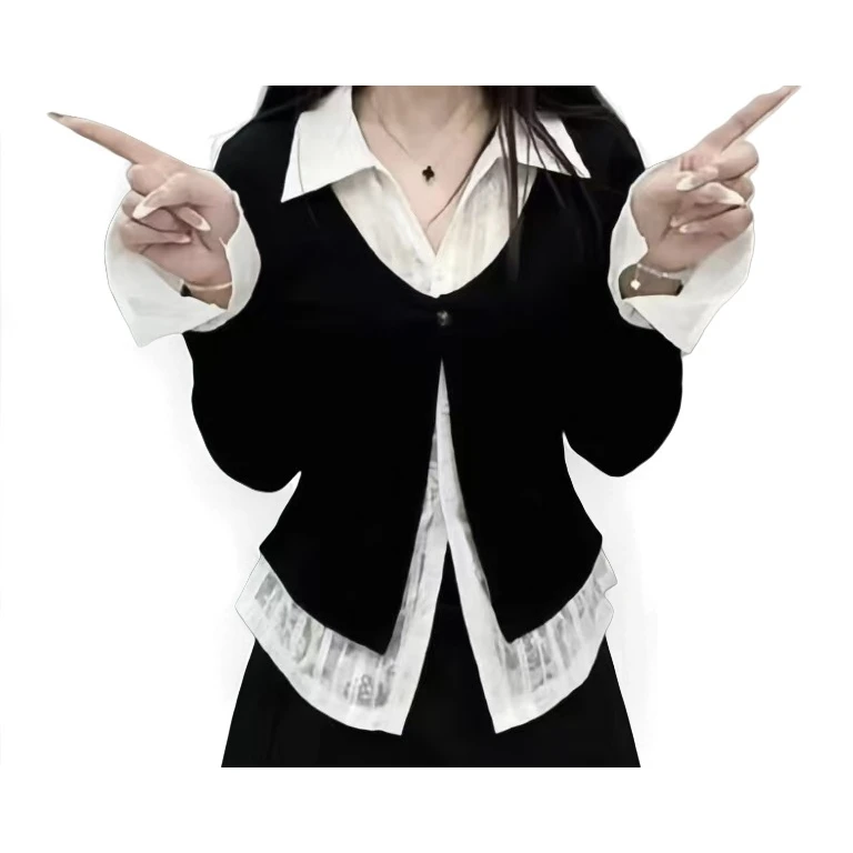 特鲁甜酷假两件长袖t恤女秋季polo领拼接设计感叠穿独特上衣