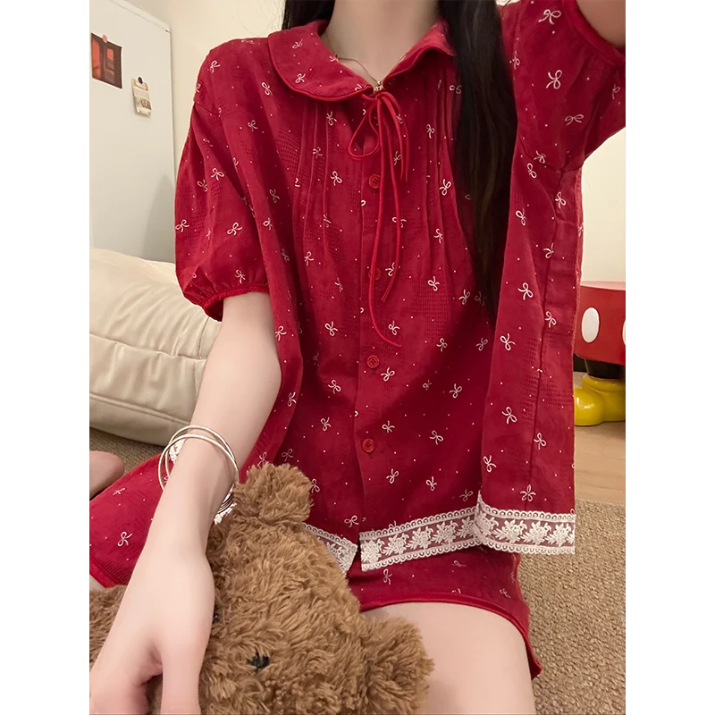 少女甜美蝴蝶结温柔蕾丝花边短袖睡衣女款夏季2025新款家居服套装