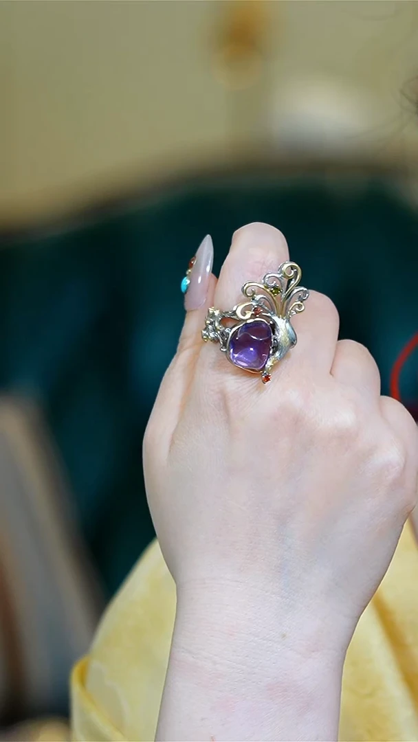 【闪购商品】紫晶戒指银S925镶嵌紫晶随型925银凤凰戒指