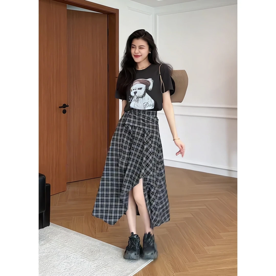 夏季休闲女装2025年新款韩版减龄气质短袖上衣加高腰半身裙两件套