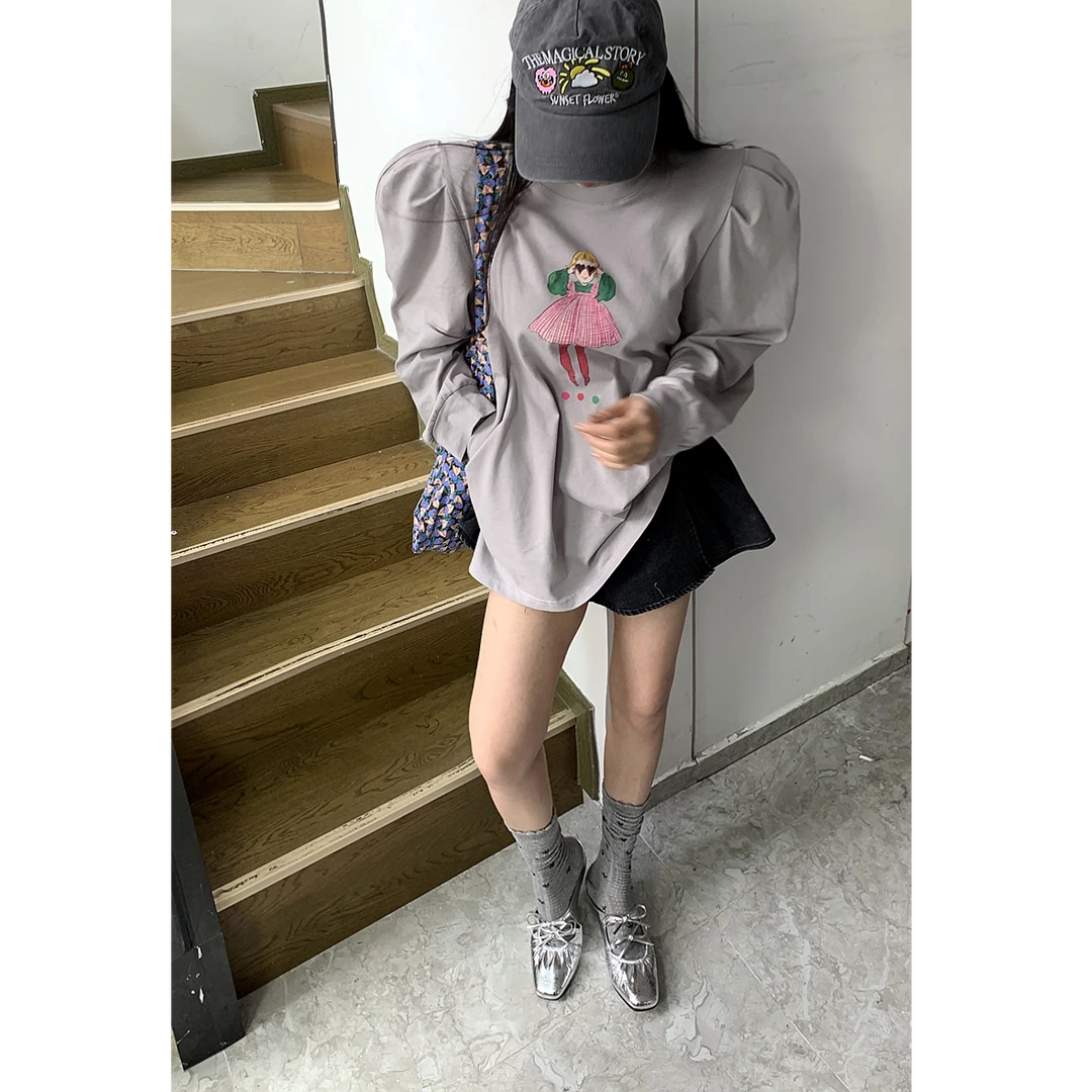 【3D女孩】泡菜定制口袋插兜女孩印花泡泡袖垫肩T恤