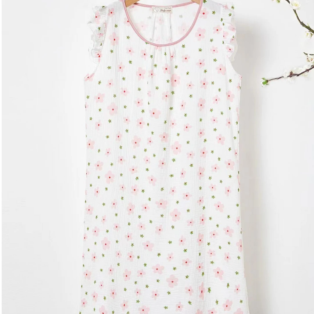 夏季女士棉纱碎花无袖背心家居裙大码女士