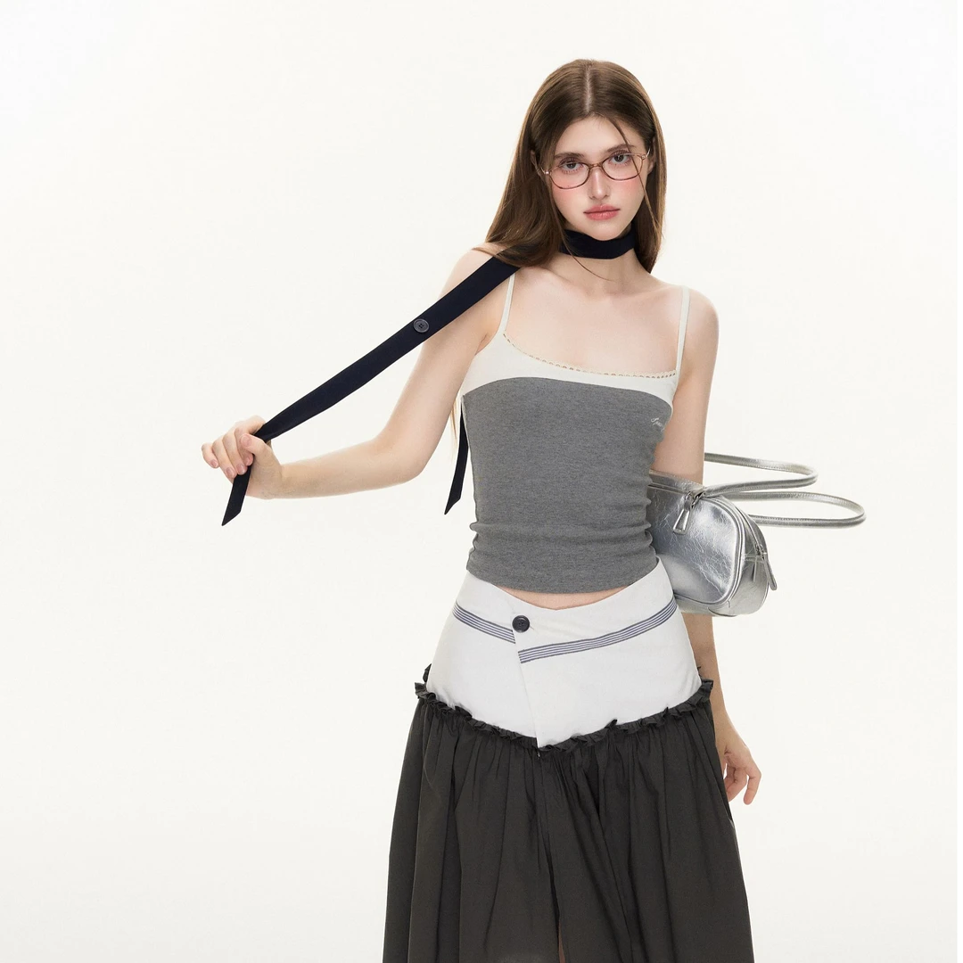 SPEAR YOUTH“自由叠叠乐”撞色假两件背心蕾丝拼接吊带修身上衣