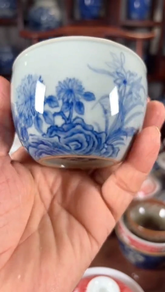 柴窑青花梅兰竹菊杯杯