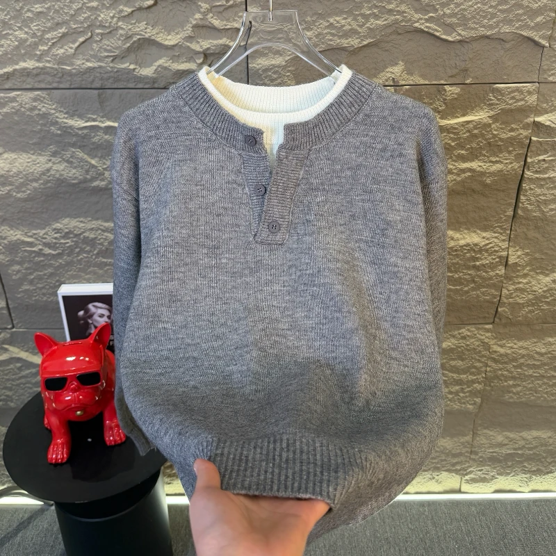 高档假两件针织衫男士秋冬季新款洋气慵懒风毛衣打底潮流内搭线衣