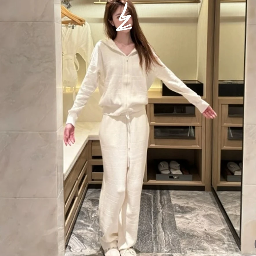焦糖玛奇朵风格欧美时尚慵懒连帽上衣搭配休闲阔腿裤连帽女装套装