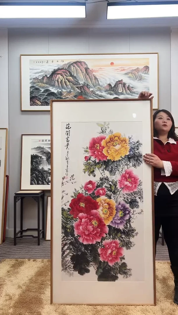 国画手绘牡丹162*82尺寸