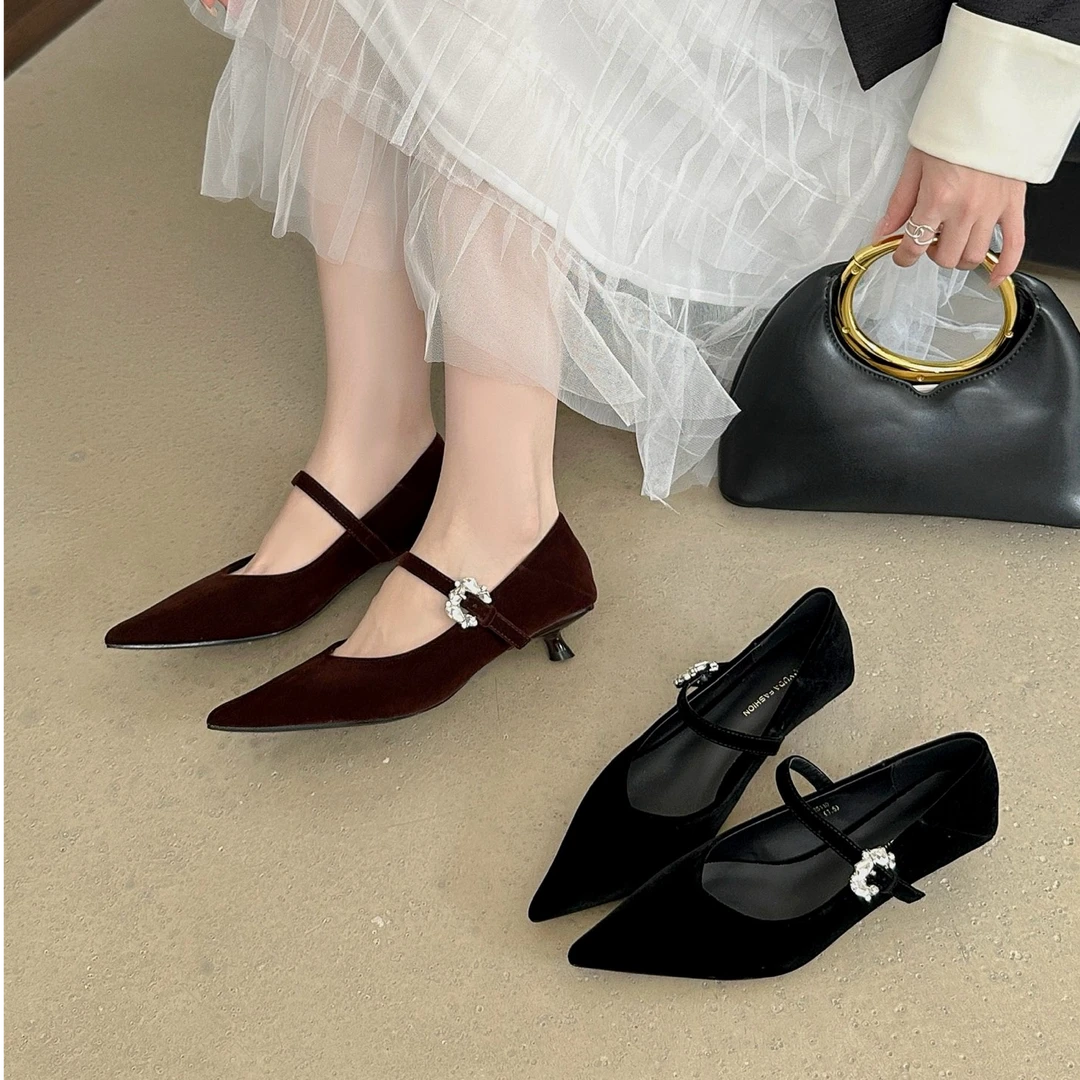 【2cm】Y25110秋款细跟高跟鞋一字带尖头低跟单鞋包头法式玛丽珍