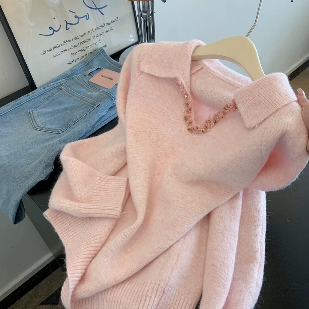 高级感粉色V领毛衣女秋冬2025新款慵懒松弛感气质打底衫内搭上衣