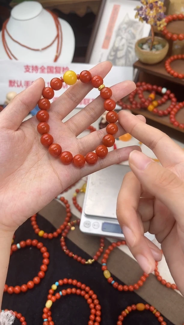 未镶嵌手串南红玛瑙柿子红满色满肉单圈蜜蜡QF-A482（多样性发一）