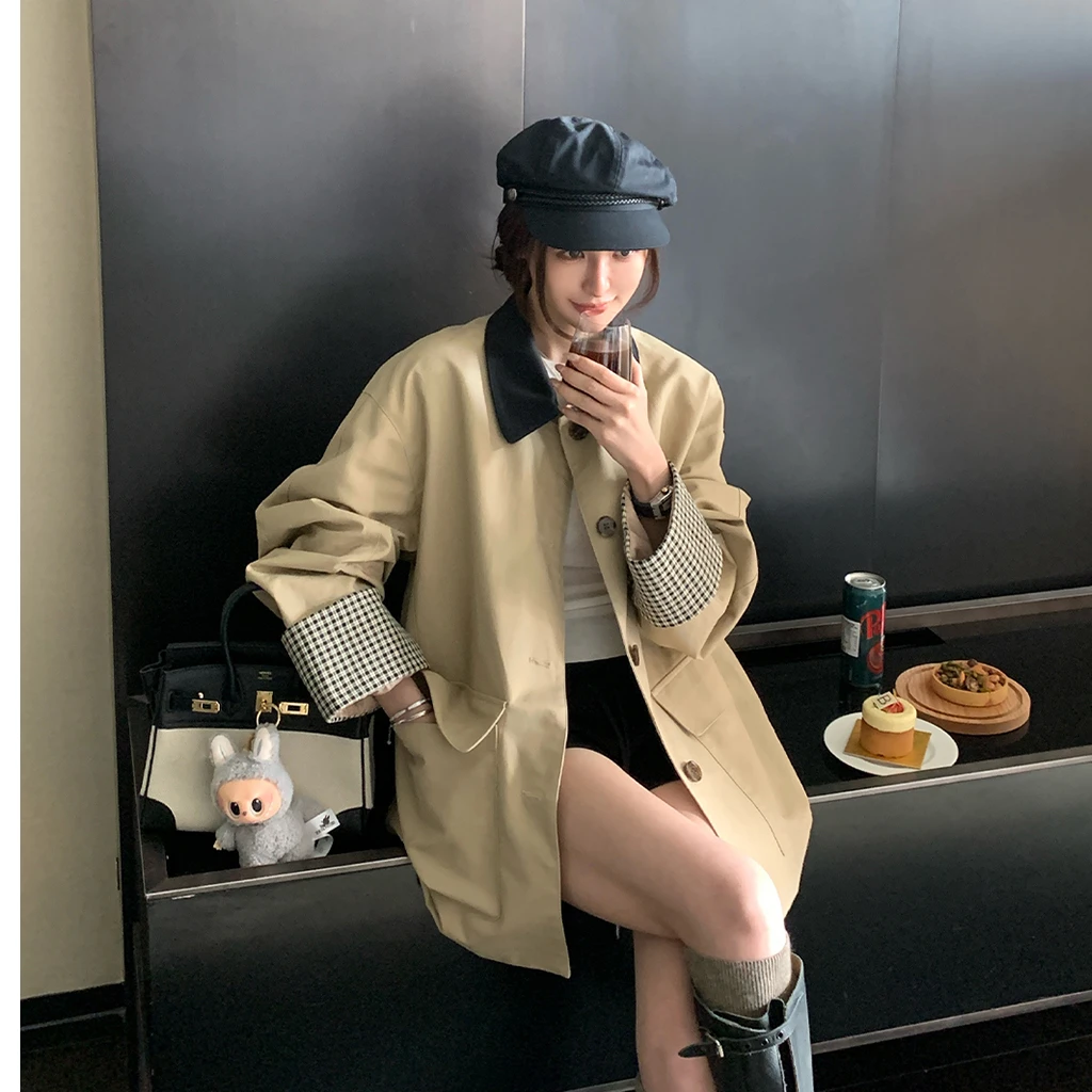 【大萌严选】英伦风撞色格纹拼接风衣外套女2025秋季新款中长款宽松