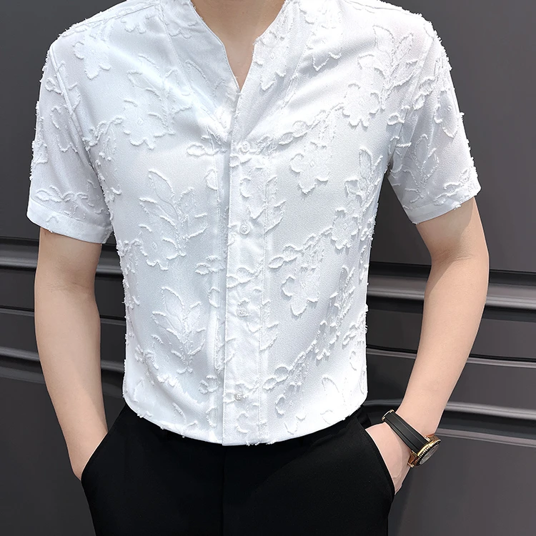温纽旺韩系夏季短袖衬衫男士痞帅小众设计感白色修身衬衣时尚休闲