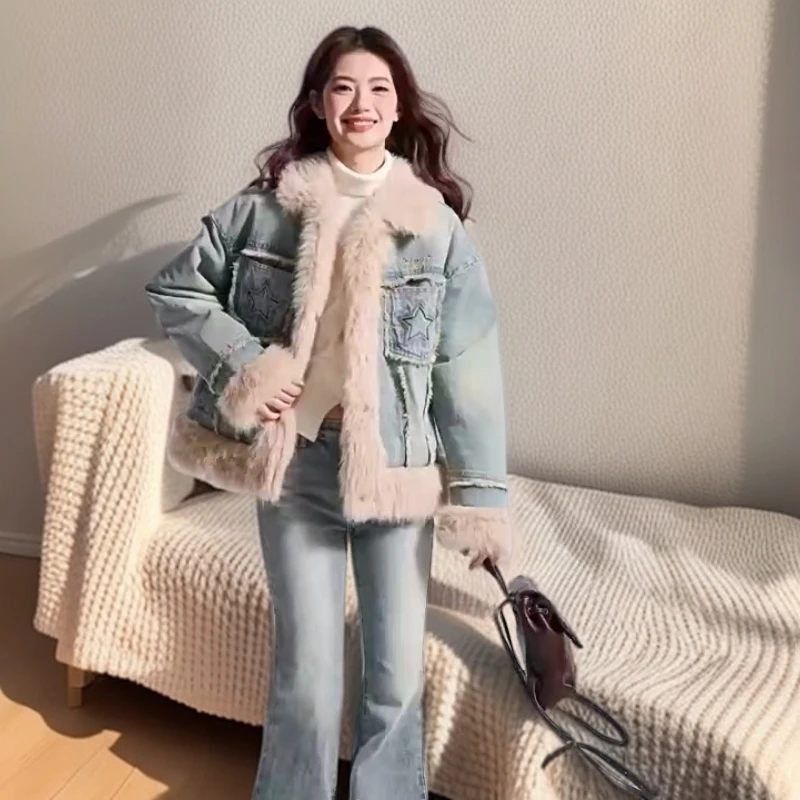 毛毛拼接刺绣轻便棉服女秋冬衣服保暖宽松百搭加绒加厚牛仔外套