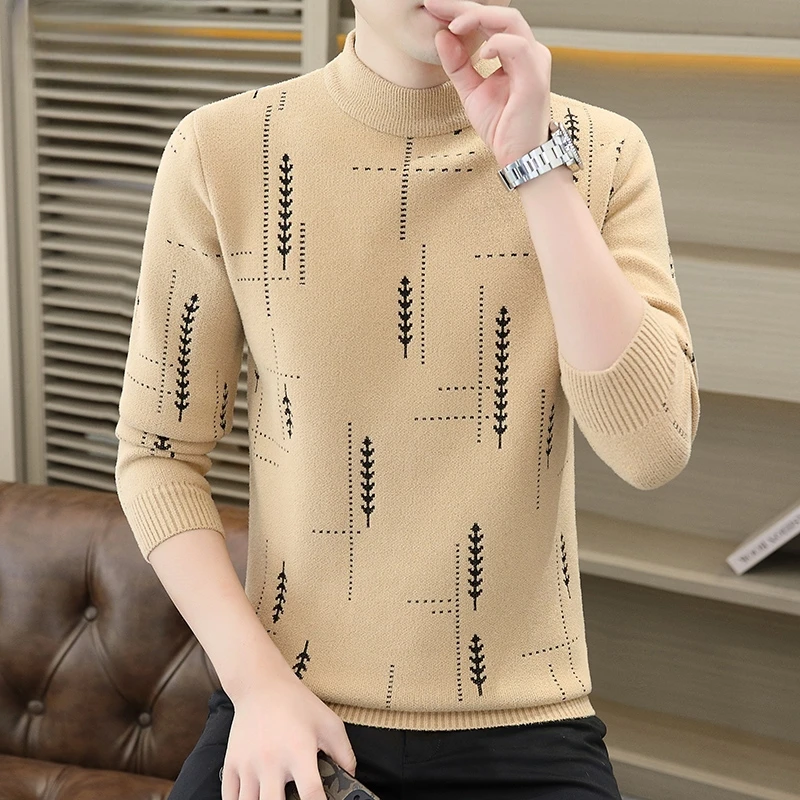 时尚保暖内衣提花毛衣男士秋冬季修身拼色内搭针织衫加厚毛线衣