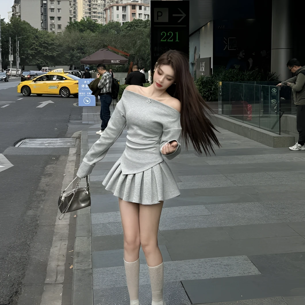 2025春季新款洋气套装一字肩收腰显瘦卫衣百褶高腰半身裙两件套女