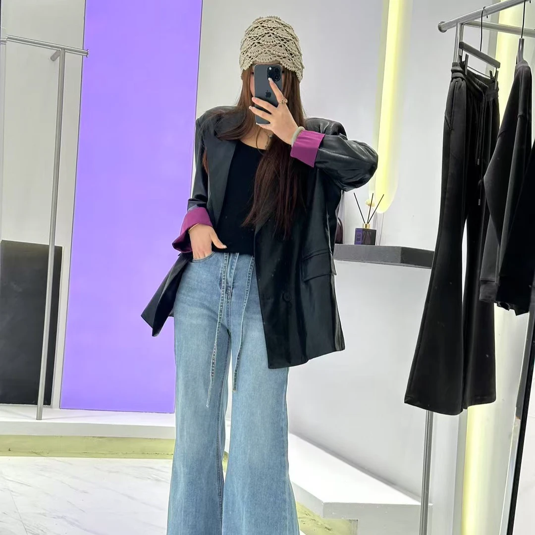 美拉德韩版小众气质百搭时尚休闲宽松拼接袖女皮衣