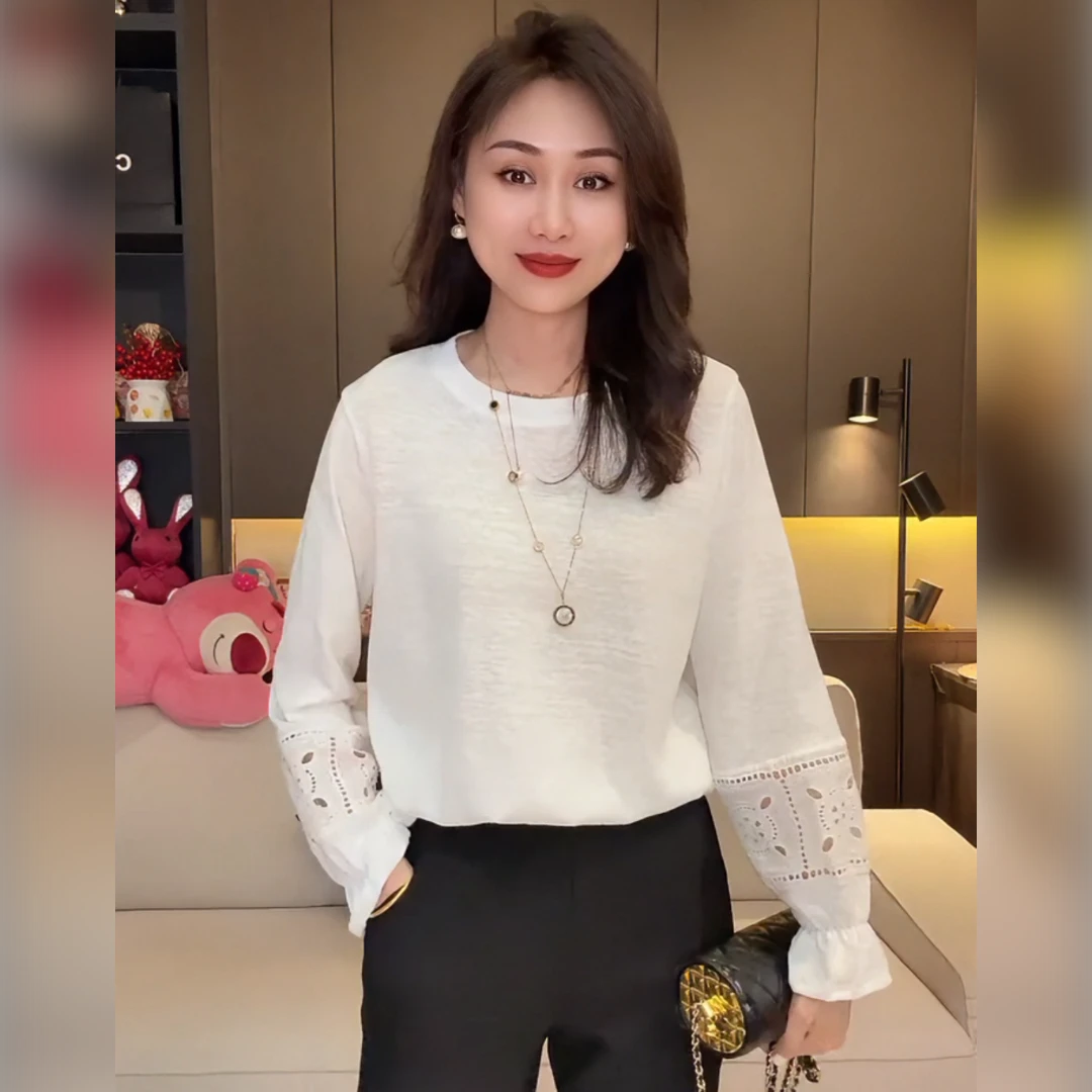 2025秋冬设计感长袖雪花棉T恤秋季打底衫新款时尚白色打底内搭