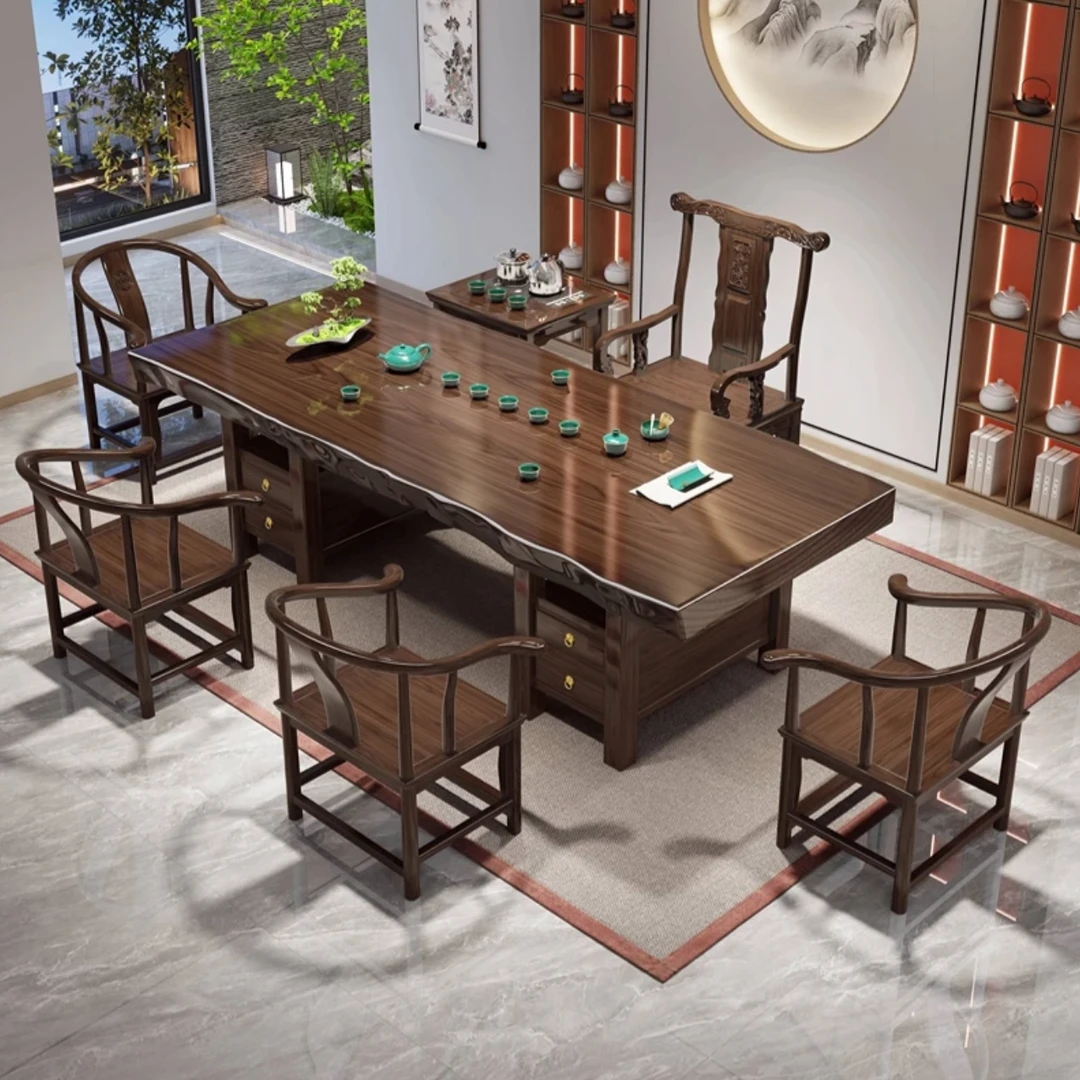 花旗木原切整板原木大板茶桌储物新中式办公室茶台两用茶桌椅组合