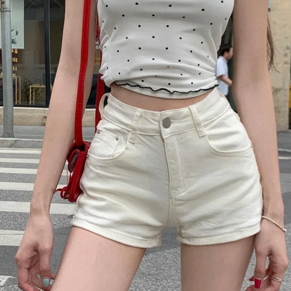 美式复古简约弹力包臀裤2025春夏白色高腰显瘦牛仔a字超短热裤子