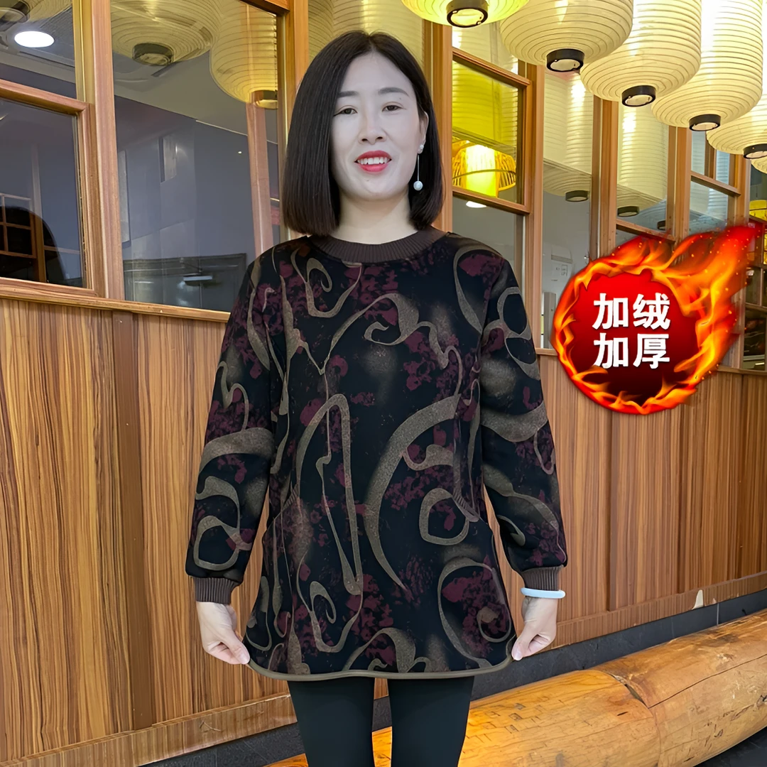 冬季加肥加大加绒宽松保暖圆领中长款妈妈装上衣
