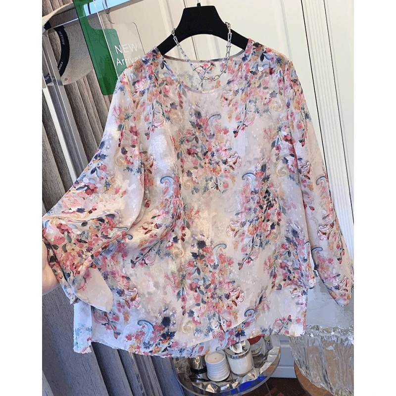 0617超好看新中式碎花防晒衫衬衫气质罩衫宽松上衣女夏季轻薄时尚