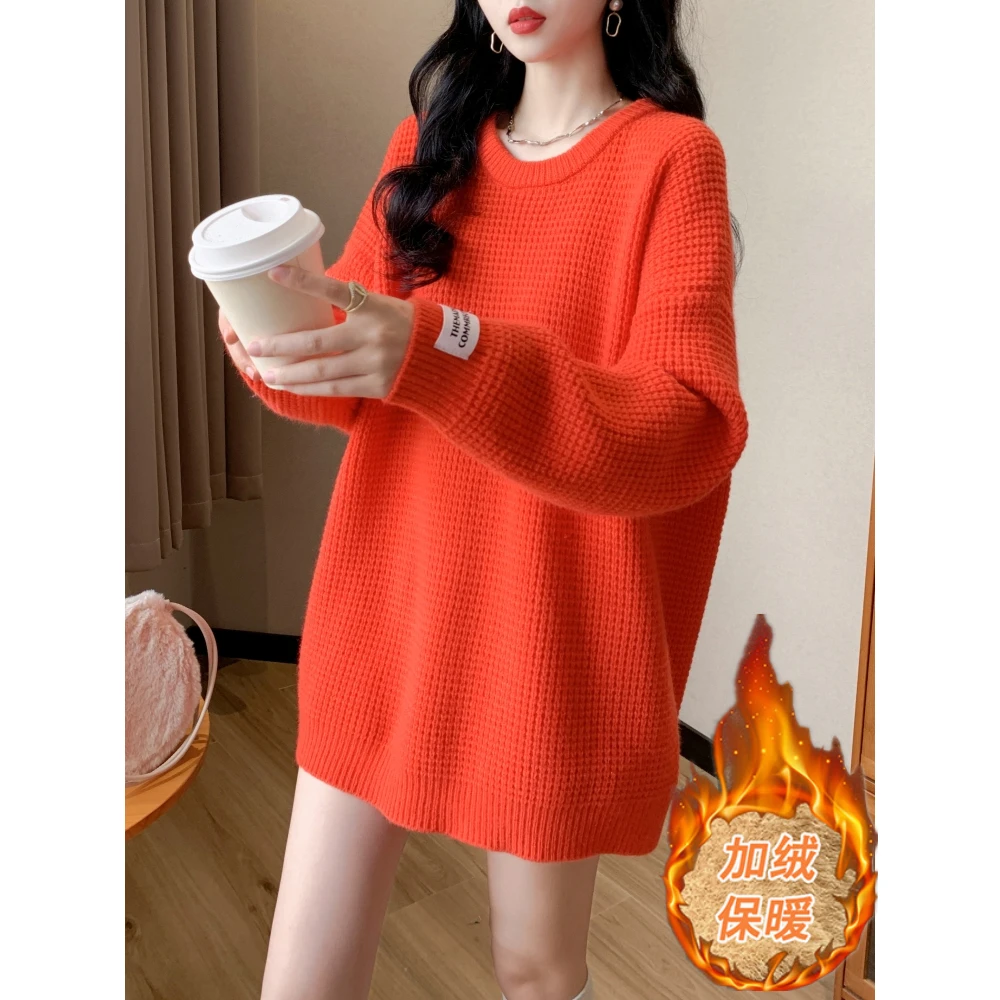 入冬慵懒风加绒加厚外穿圆领毛衣女针织衫宽松套头长袖打底上衣内